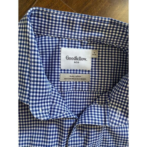 Goodfellow size L 16 34/35 blue and white checkered long sleeve button up shirt - Picture 2 of 5